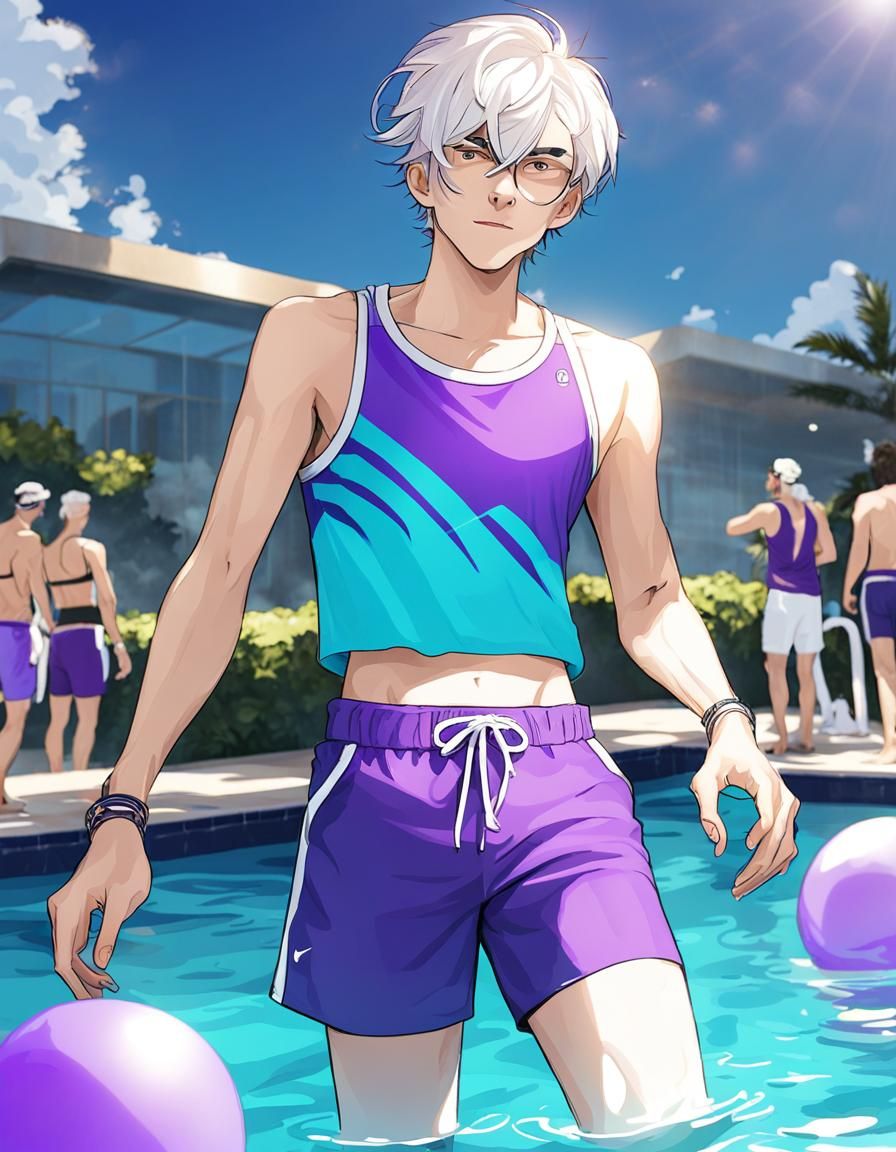 teen guy with white hair and is wearing purple swimming trun...