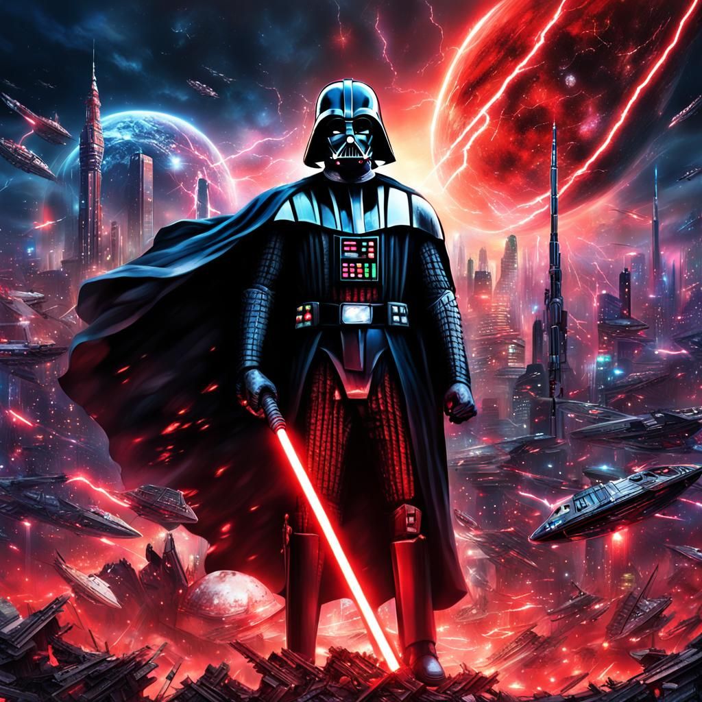 Darth Vader with red lightsaber in destroyed Tokyo with ligh...
