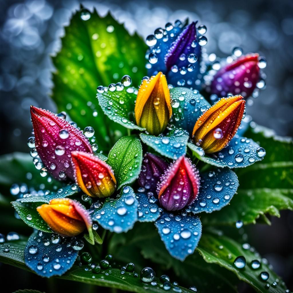 beautiful buds of spring flowers, glistening in a morning dew, waterdrops on the leaves, rainbow  by @April