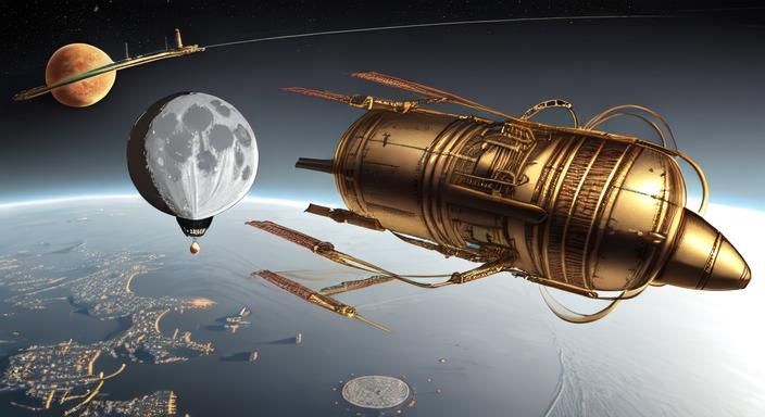 In orbit around the moon, steampunk, a blimp, gold, 4k - AI Generated ...