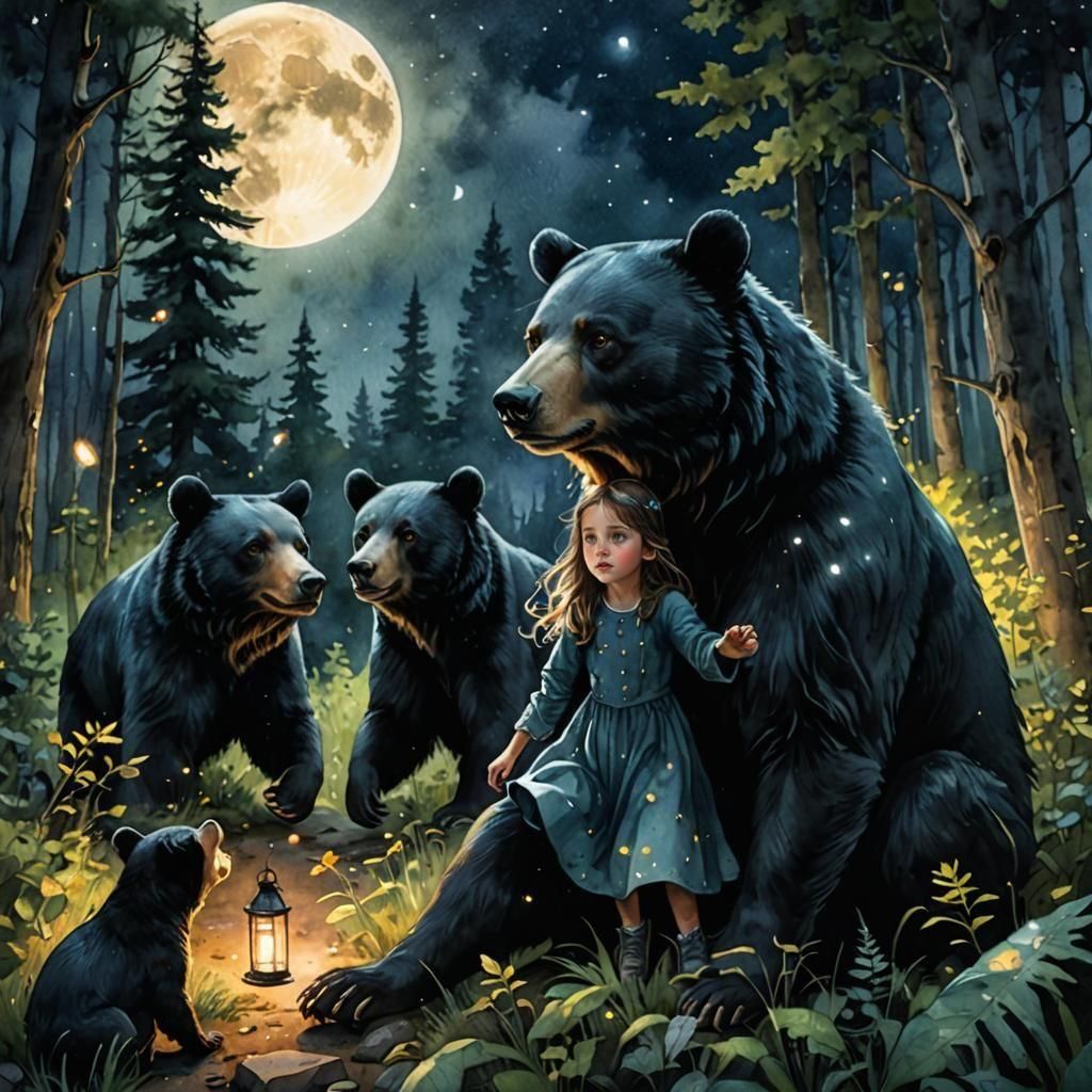 A beautiful fairytale, sparkling watercolor illustration, a beautiful little girl in the forest chasing fireflies under a  silvery full moon...