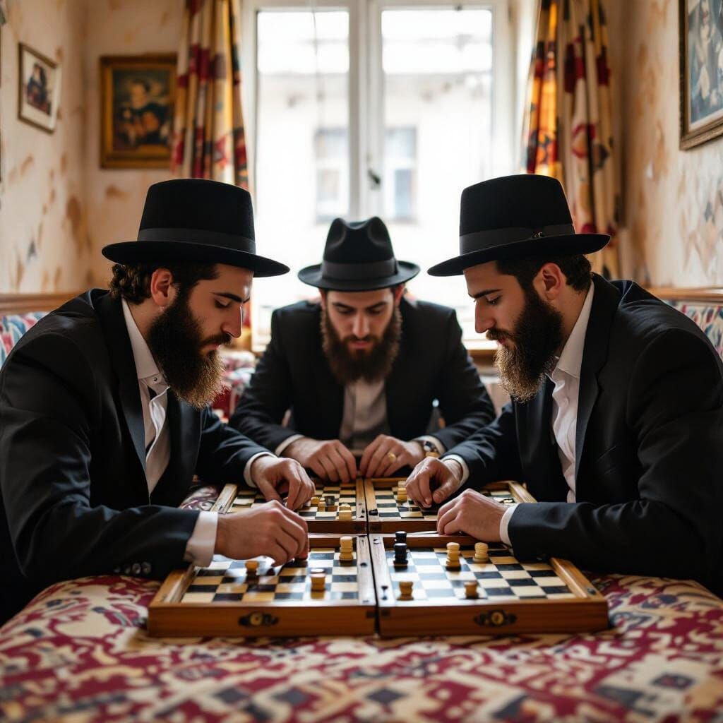 Orthodox Men Play Backgammon in Hostel Room