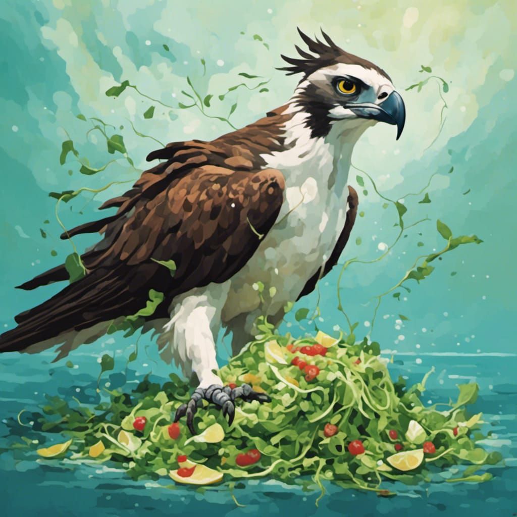  <lora:CSS:1.0> the agonizing osprey eats a sea salad