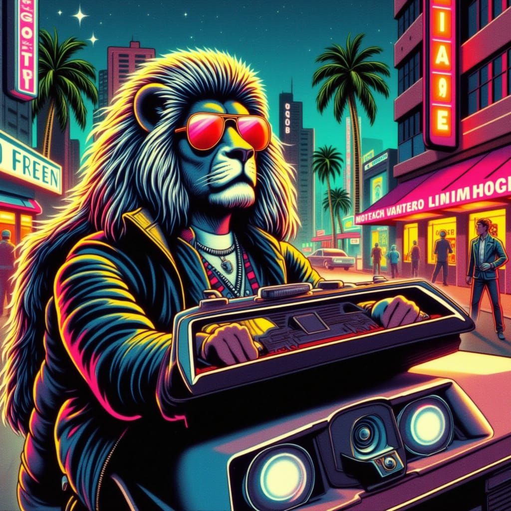 <lora:Distorted Memories:1.0>
A majestic lion, clad in a stylish leather jacket and aviator sunglasses, confidently cruises down a neon-lit ...
