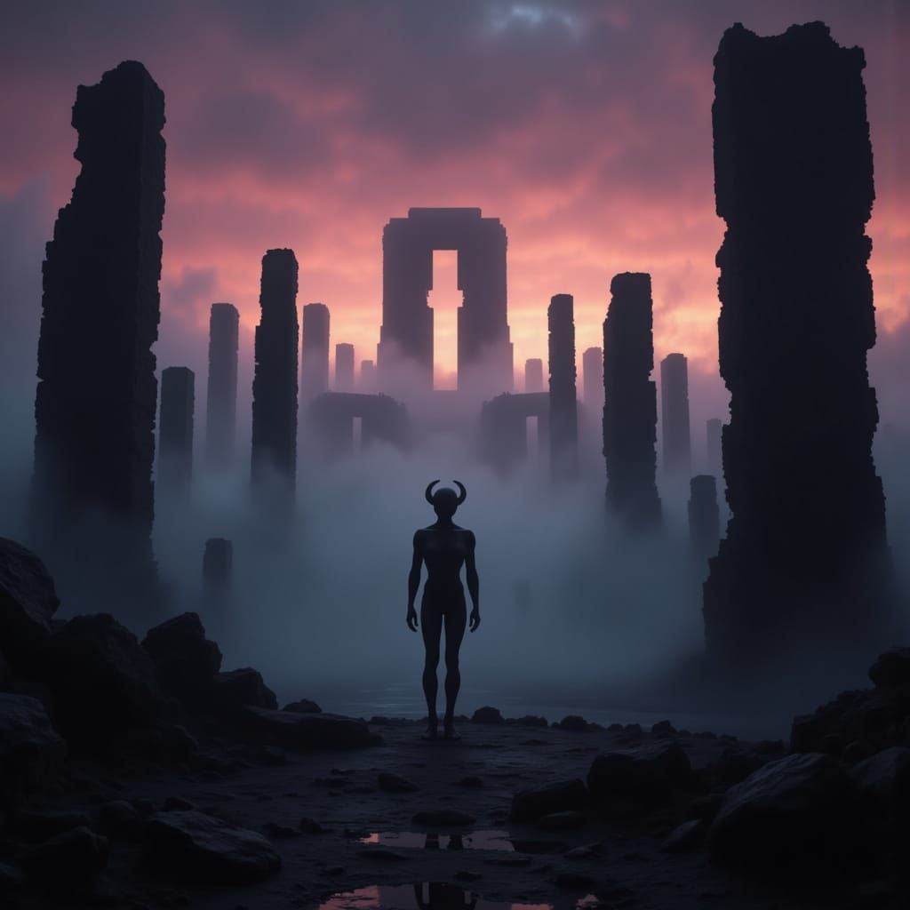 ominous alien silhouettes in eerie twilight, futuristic ruins, a sense of foreboding <lora:TwilightZone:1.0>