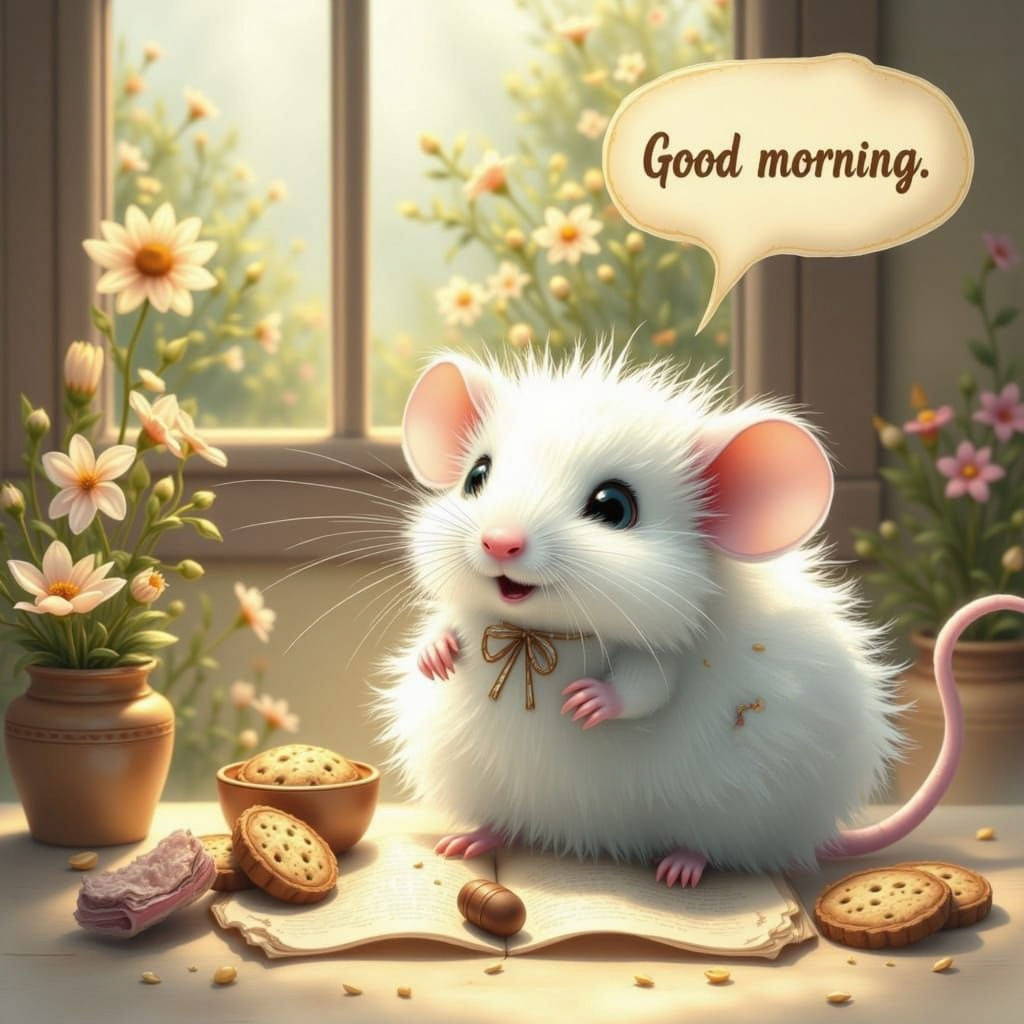 <lora:white mouse:1.0> bingprompt: A cute mouse in sportswear is doing its morning exercise in front of an open window. Speech bubble "Good ...