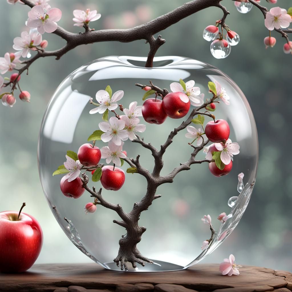 a 3d clear crystal apple::2 hanging from its realistic stem and from a tree branch with realistic apples ...  by @Kanaliza1978