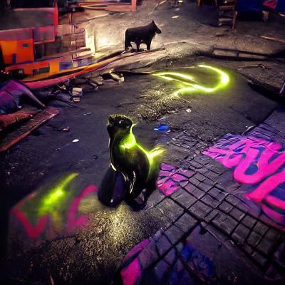 Stray black cat at night glowing neon graffiti volumetric li...
