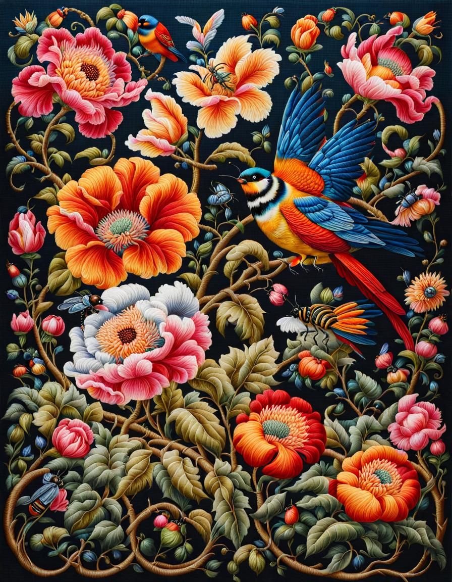 Embroidered Panel of Flowers  by @MelanieL