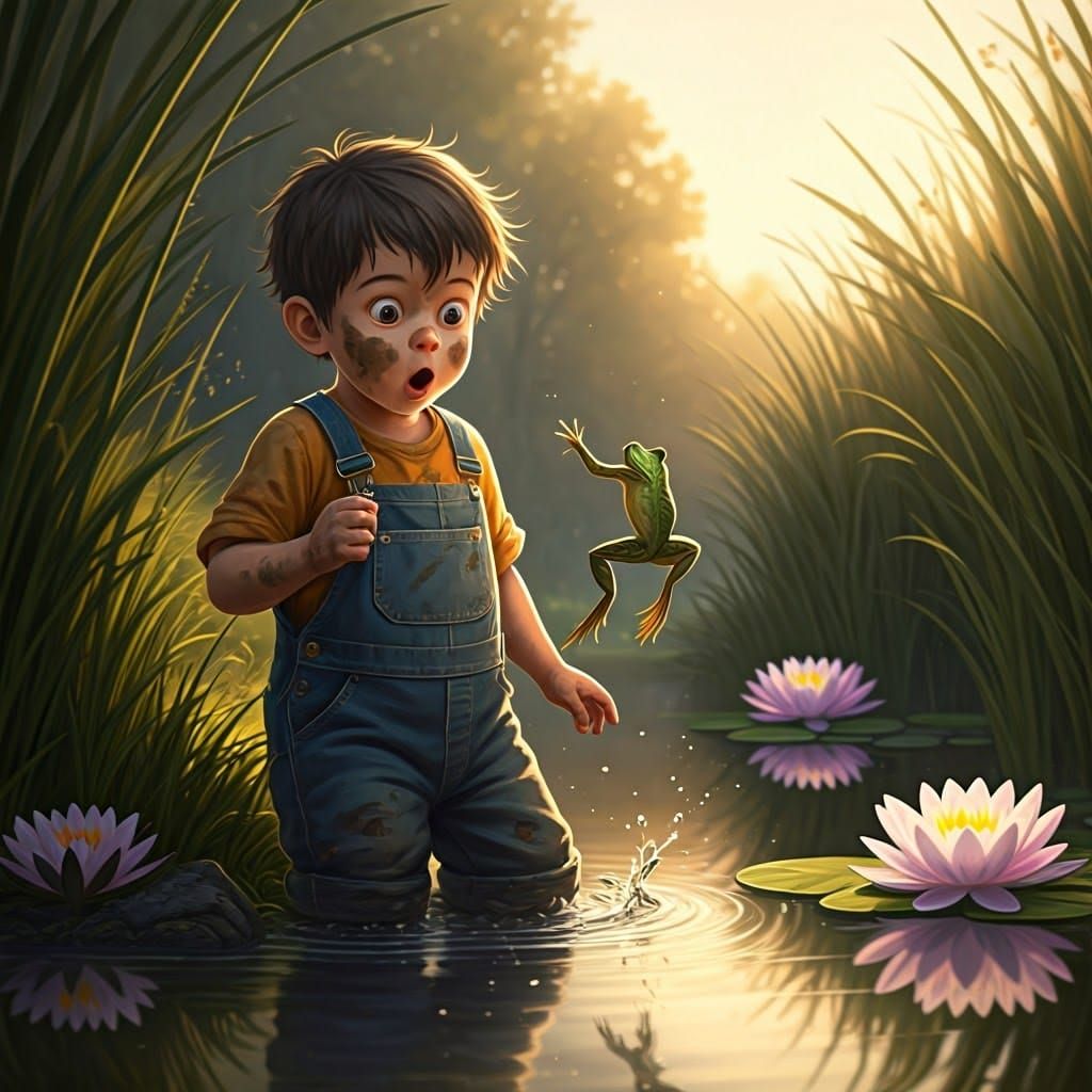 Seeing his first "in person" frog.  by @supermansded