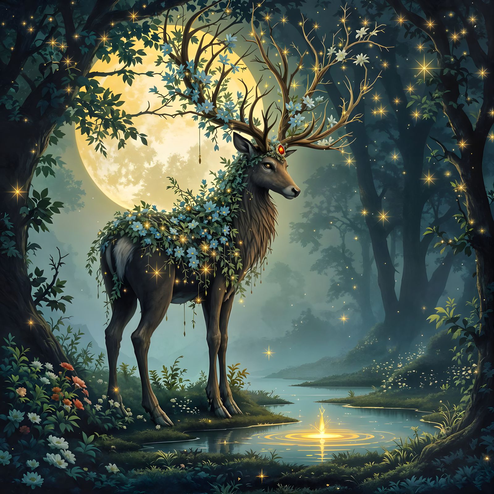 "The Enchanted Guardian: A Celestial Deer in Moonlit Splendor"  by @Amarie
