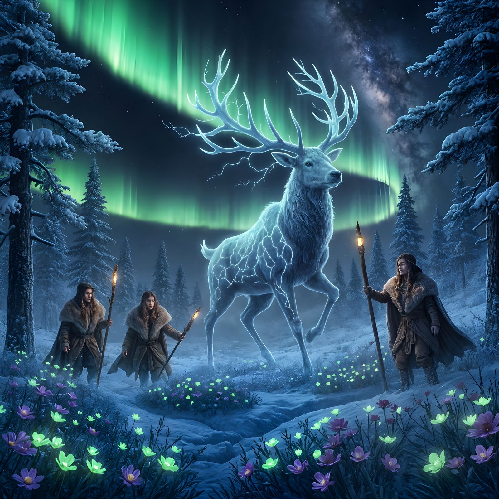 Magical Siberian Stag and Ancient Warriors Under an Aurora Sky  by @Evan Fischer