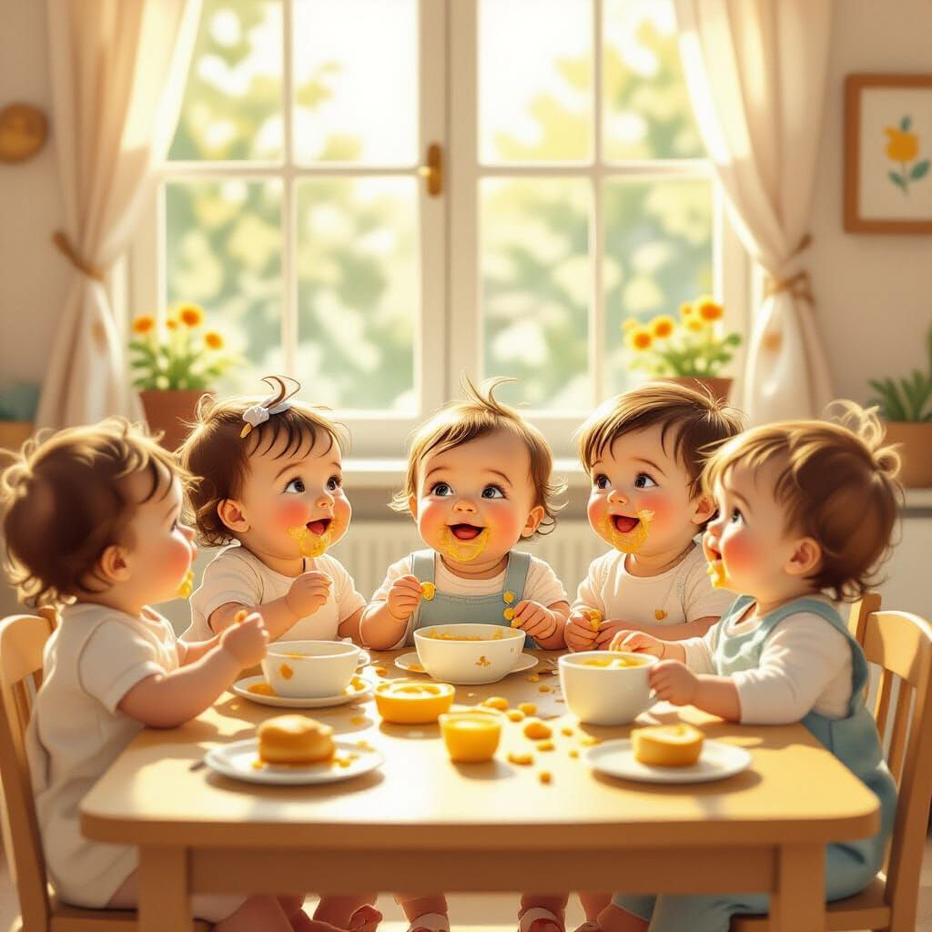 Joyful Babies Eating Breakfast in Daycare