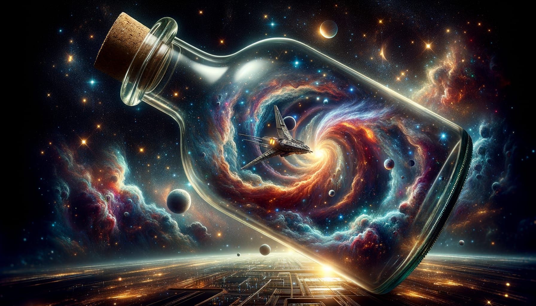 A glass bottle floats in astral space.
Inside, stars spiral around glowing nebula clouds.
A spacecraft sails past moons in motion.
