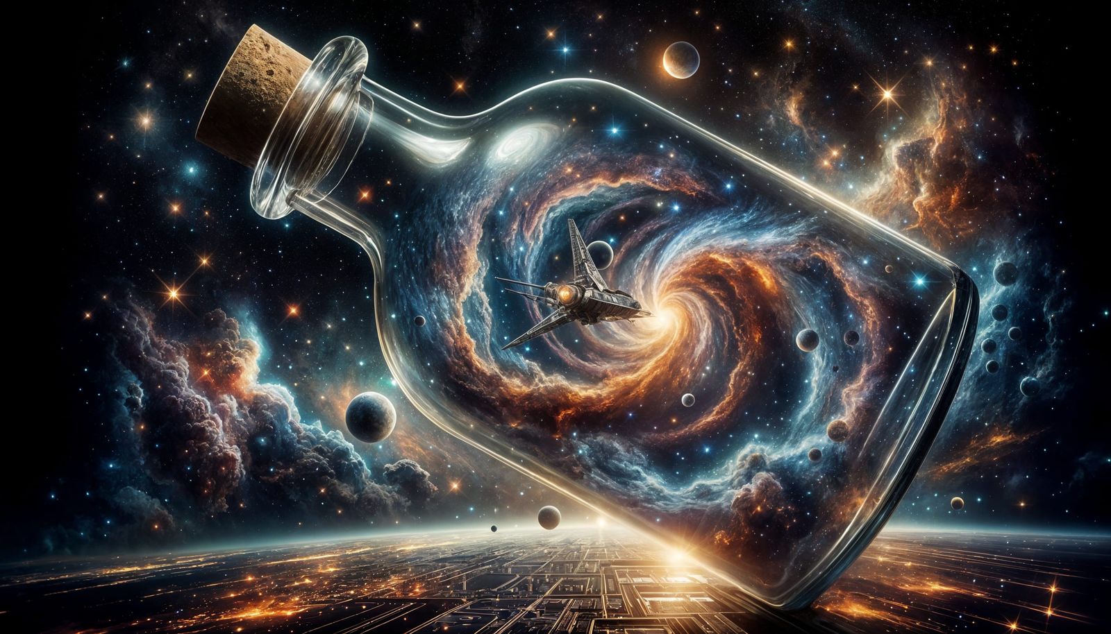 A glass bottle floats in astral space.
Inside, stars spiral around glowing nebula clouds.
A spacecraft ...  by @KomBib
