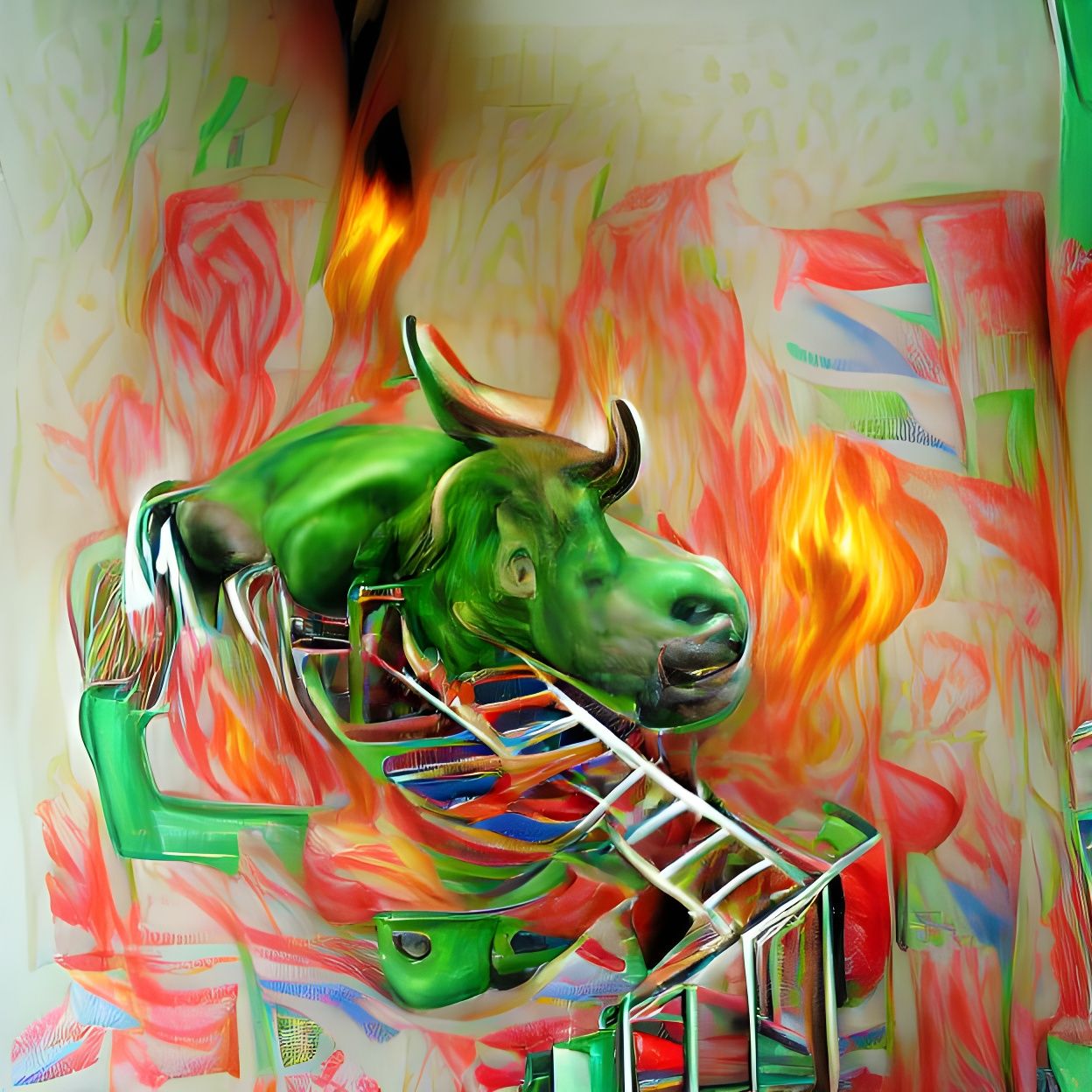 Bull on fire running up a green ladder hyperrealism psychede...