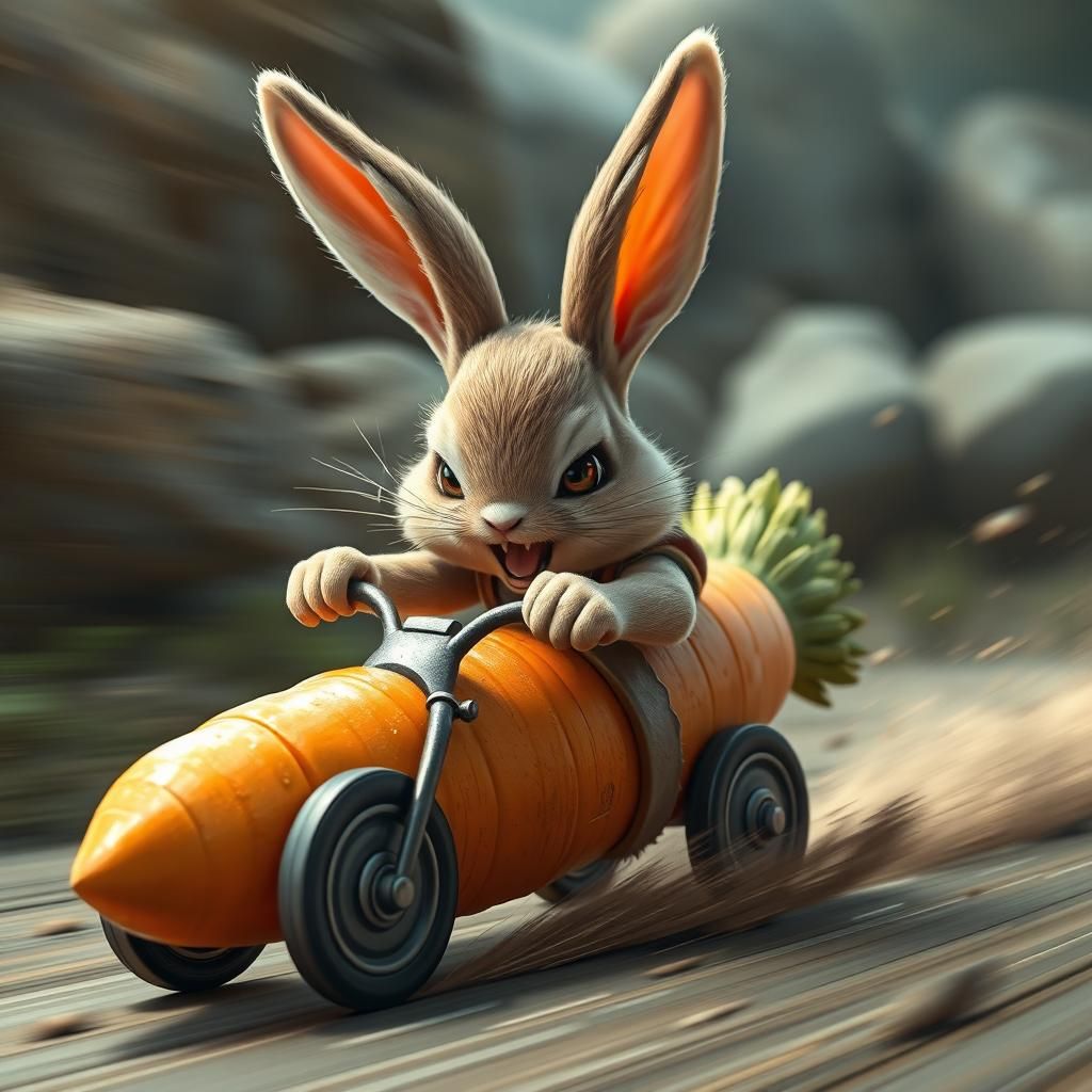 Chibi Bunny Races Carrot Car in Dark Fantasy Style