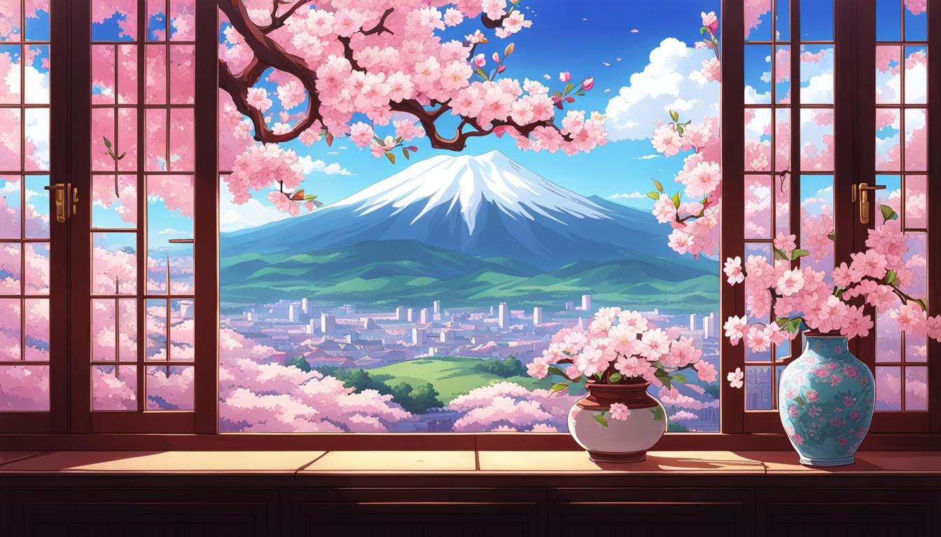 Sakura Branch in Vase, Anime Style Art