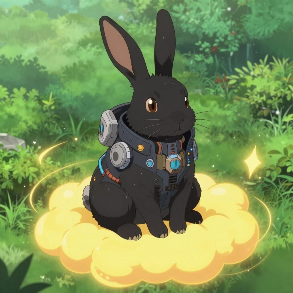 Cyberpunk Rabbit on Magical Cloud in Anime Style