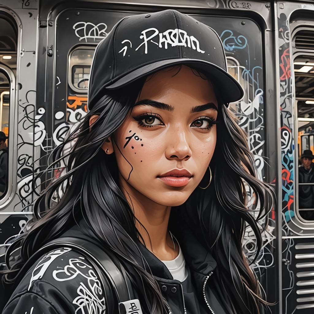 potrait a girl wear RNB fhasion, black hair, black hat (snap...