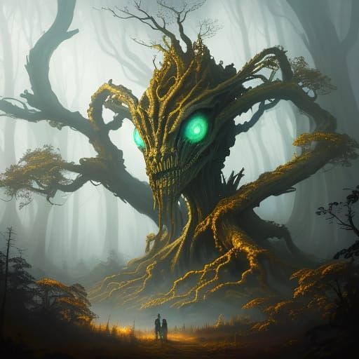 Alien Portrait in Dark Forest: Surreal Oil Painting