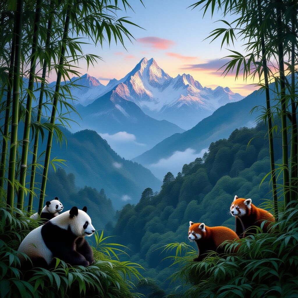A beautiful scope of a bamboo forest then a jungle then snow caped mountains and pandas and red pandas and snow leopards are there and it is...
