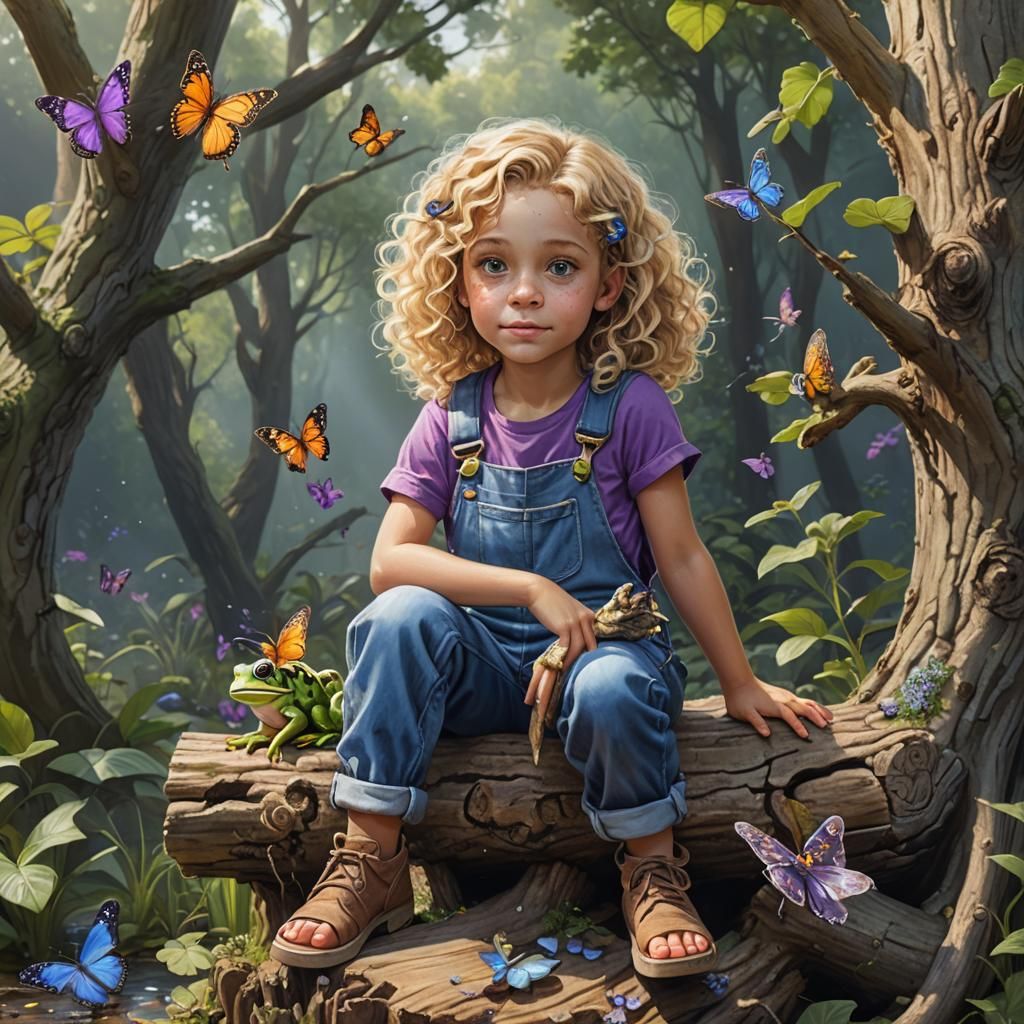 a six year old girl with curly blonde hair, she is wearing b...