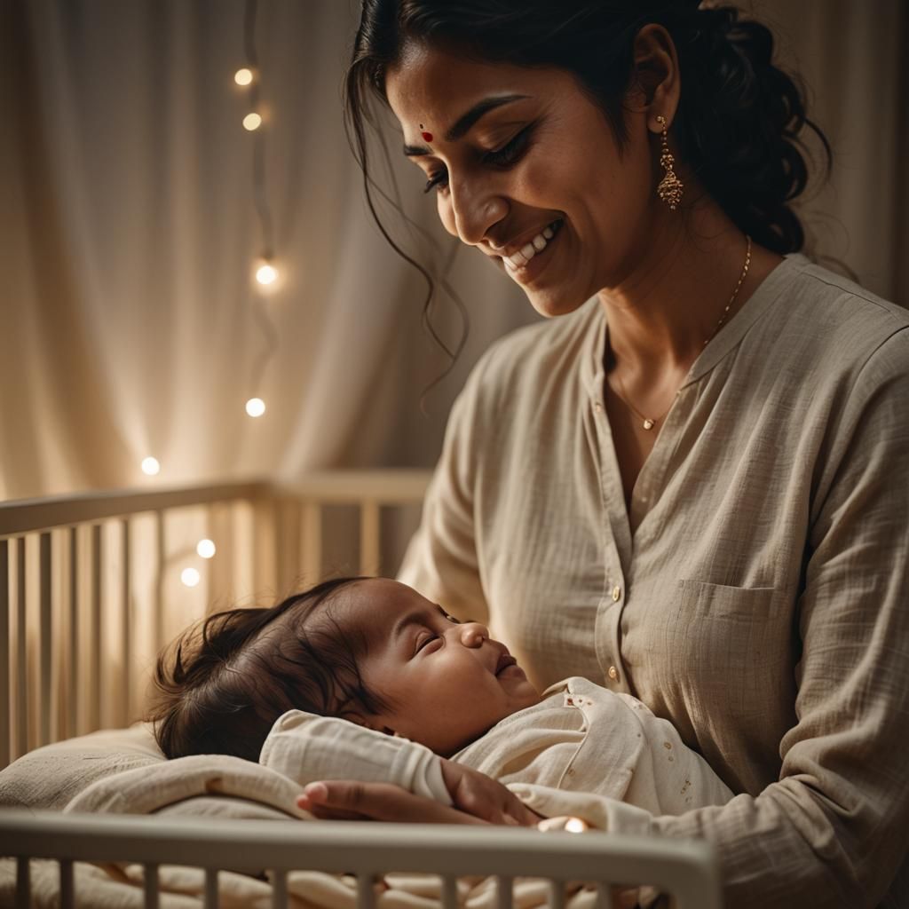 Hyperrealistic portrait of a modern fair Punjabi Indian mother wearing linen pants, watching her child sleep peacefully in a crib


