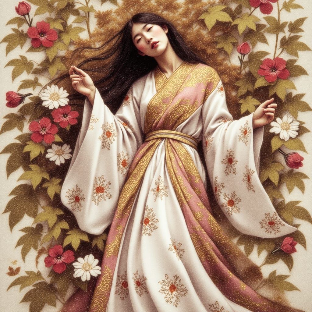 Flower goddess, pink and white tones, in style of Klimt <lora:Earth and eastwind:1.0>