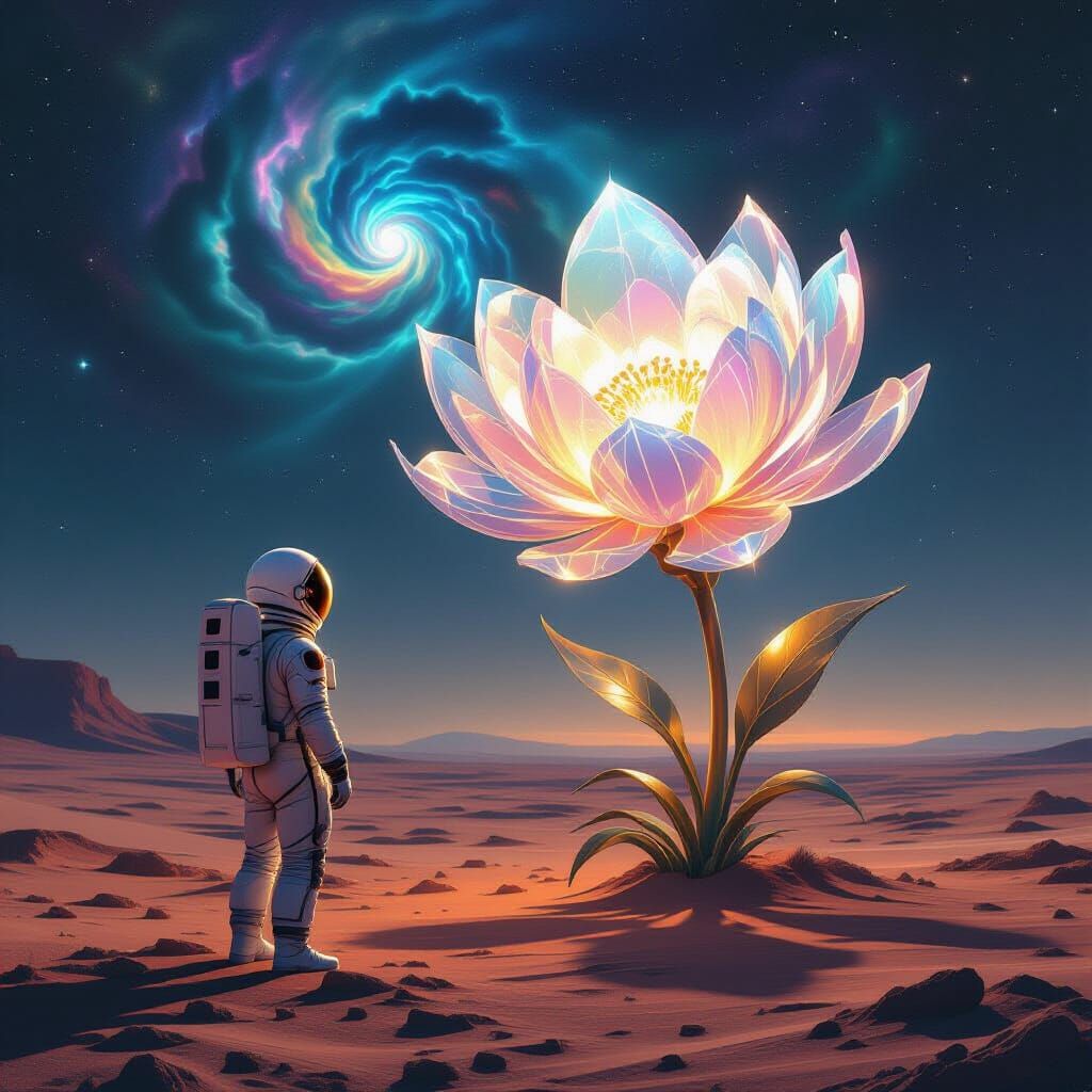 Surrealism. A lone astronaut discovering a colossal, crystalline flower blooming on a barren, alien desert planet. Wide shot. The flower emi...