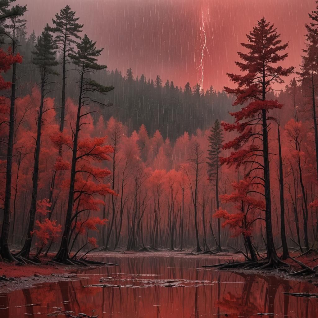 Red rain falling from a red sky onto a red forest and red lake  by @Maulkat