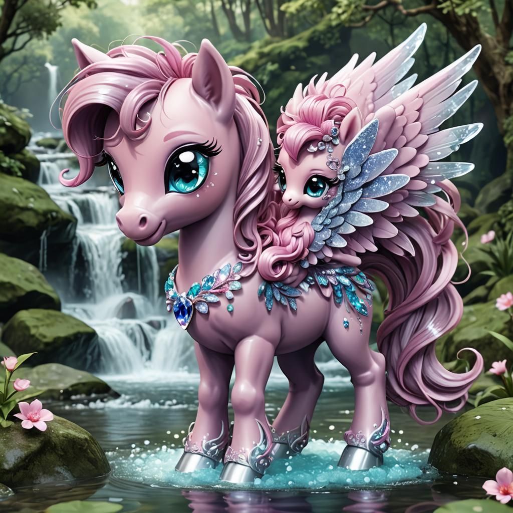 Pegasus pony with baby pony on her back peeking out from her...