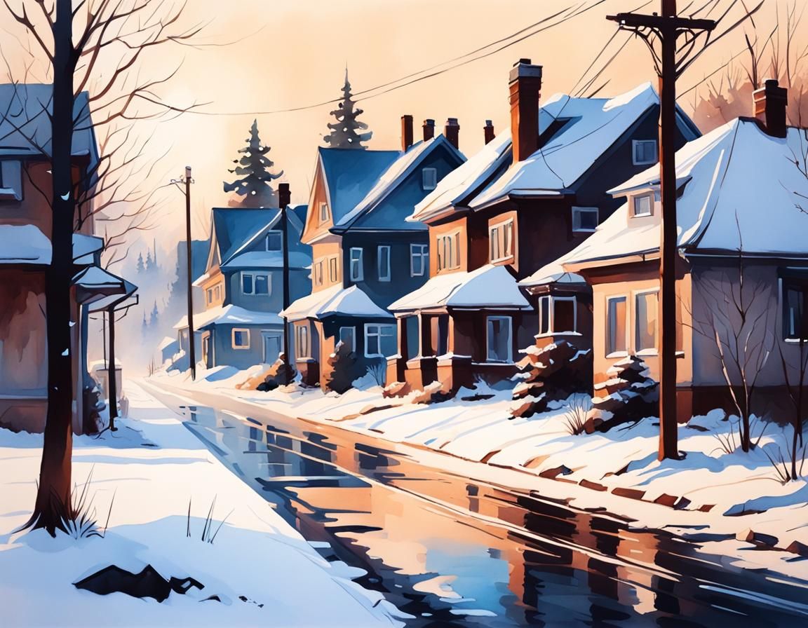 Winter Suburban Neighborhood in Watercolor Style
