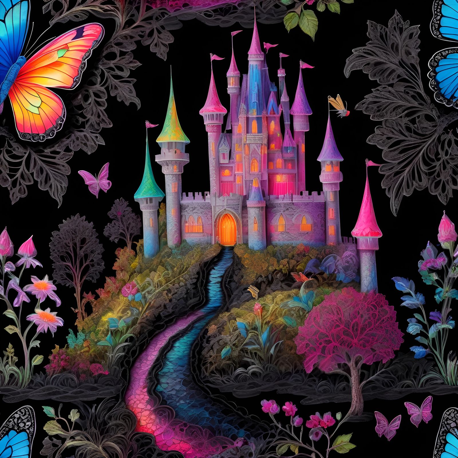 Prismatic neon painted on black velvet,  Fantasy fairy castl...