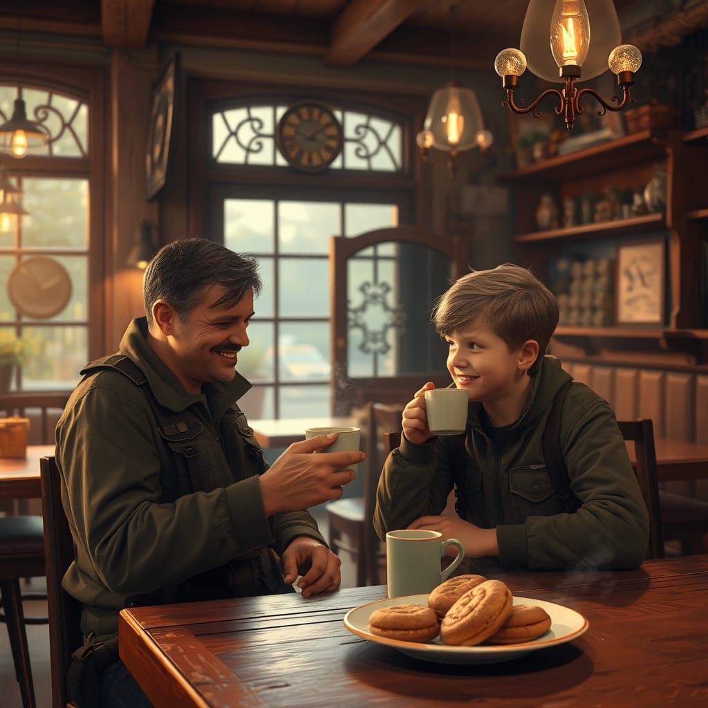 Soldier and Son Enjoy Coffee in Cozy Cafe