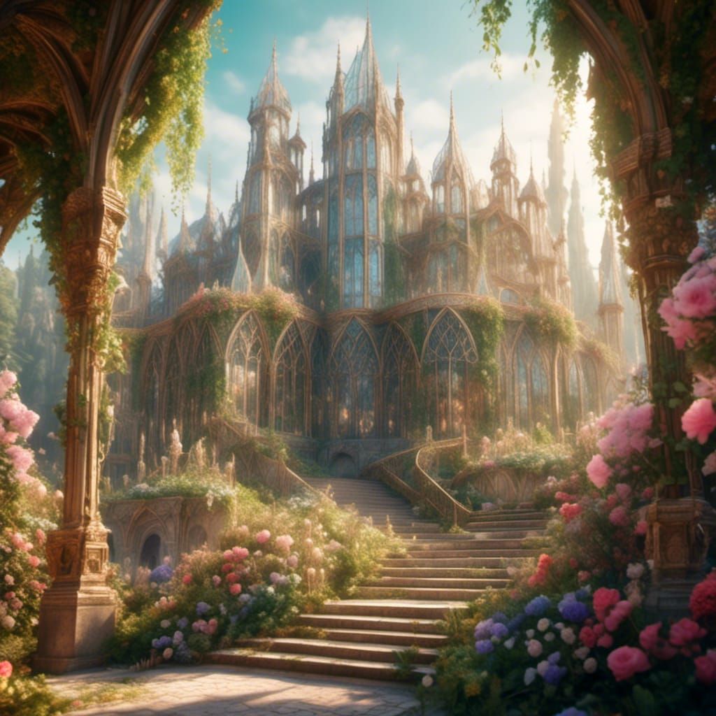 <lora:Arklines:1.0> <lora:Illuminated:1.0> Elven Castle made of Glass, Crystal cathedral like, foliage and flowers, 24K resolution, fine det...