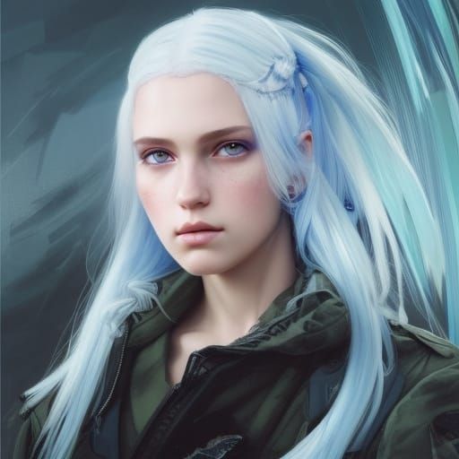 beautiful teenage girl with white hair, blue eyes, and a arm...