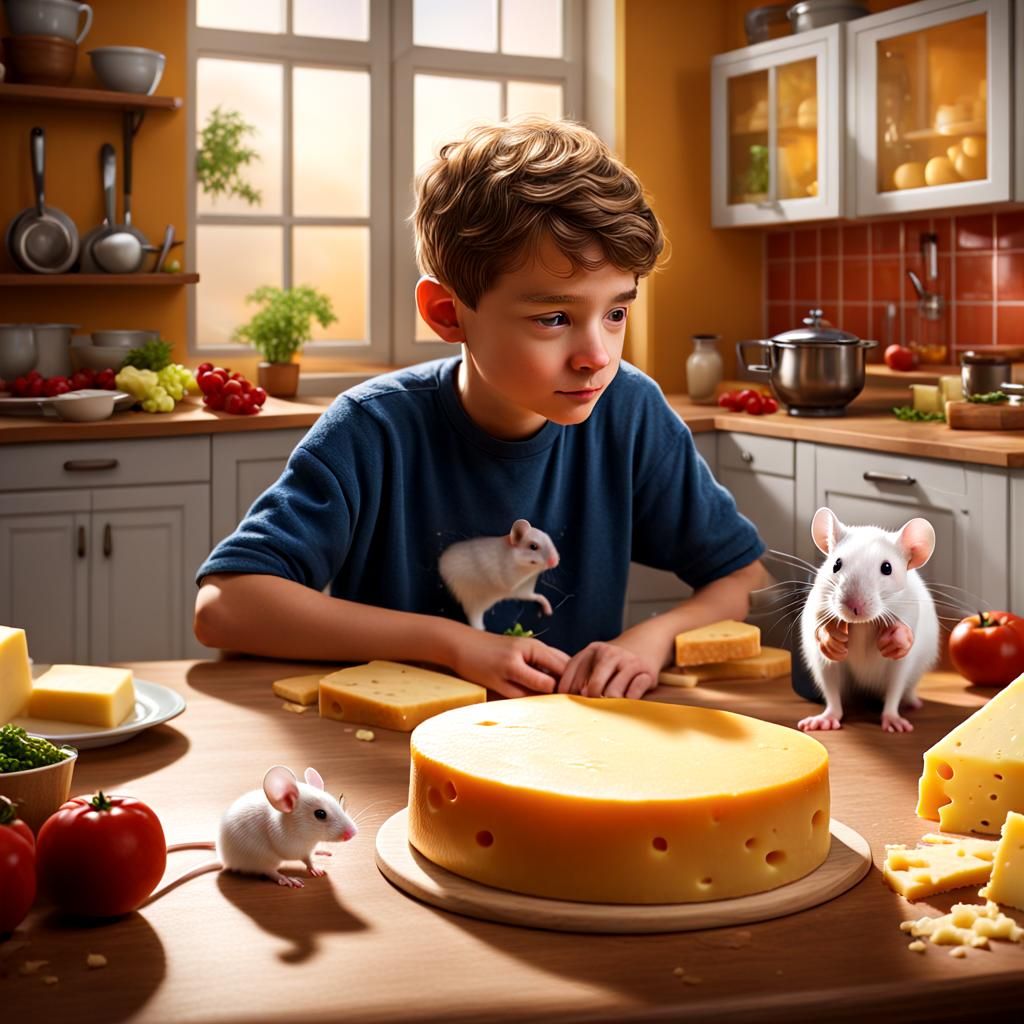 A european kid boy looking A white mouse stands in front of ...