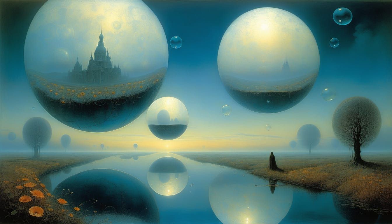 Surreal floating landscape with delicate, crystal-clear bubbles drifting through an endless sky of soft clouds and deep azure hues. Inside e...