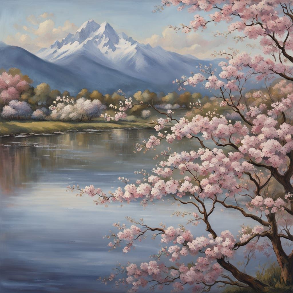 The image captures a serene and picturesque scene. In the foreground, branches laden with delicate pink and white blossoms frame the view. T...