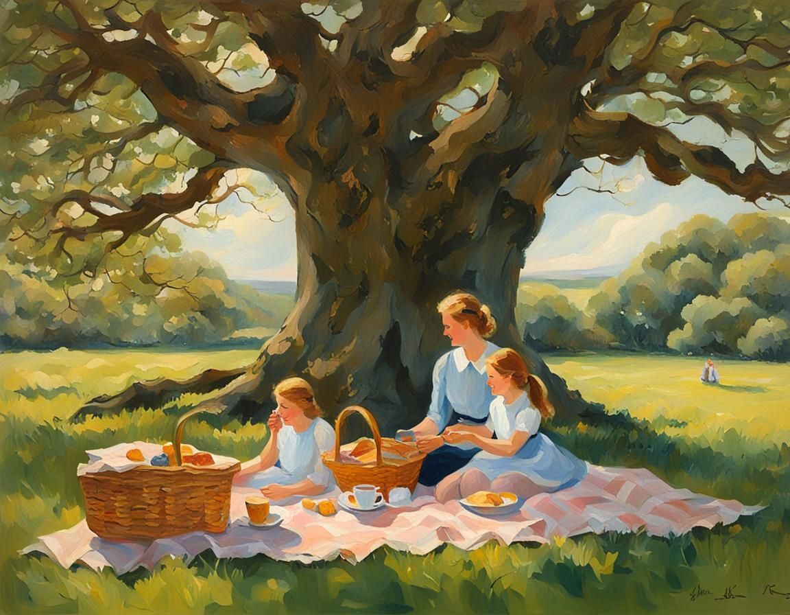 Irish impressionism Mother and daughter having a picnic near...