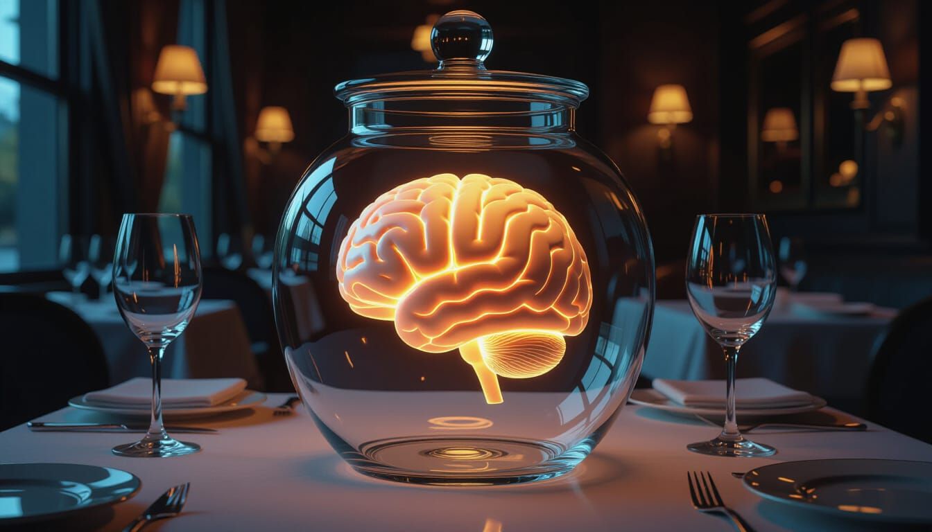 Glowing Brain in Jar at Elegant Restaurant