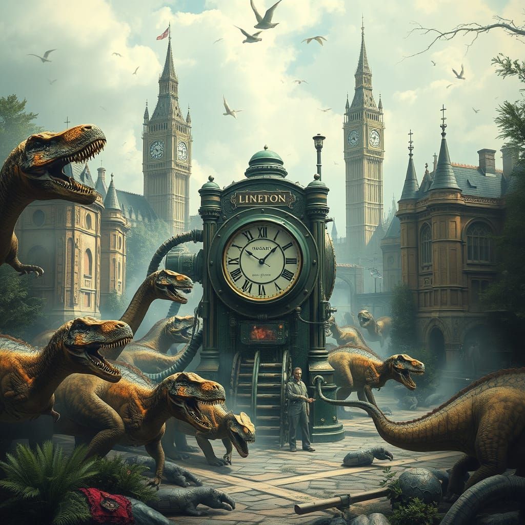 The Time Machine jumps from Jurassic period full of dinosaurs to medieval London, the air shimmers around ...  by @Tangled Serendipity
