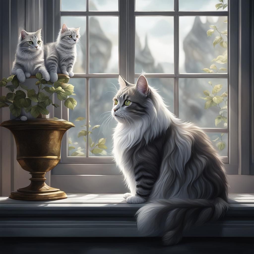 A beautiful Grey and white Maincoon cat sitting by the windo...