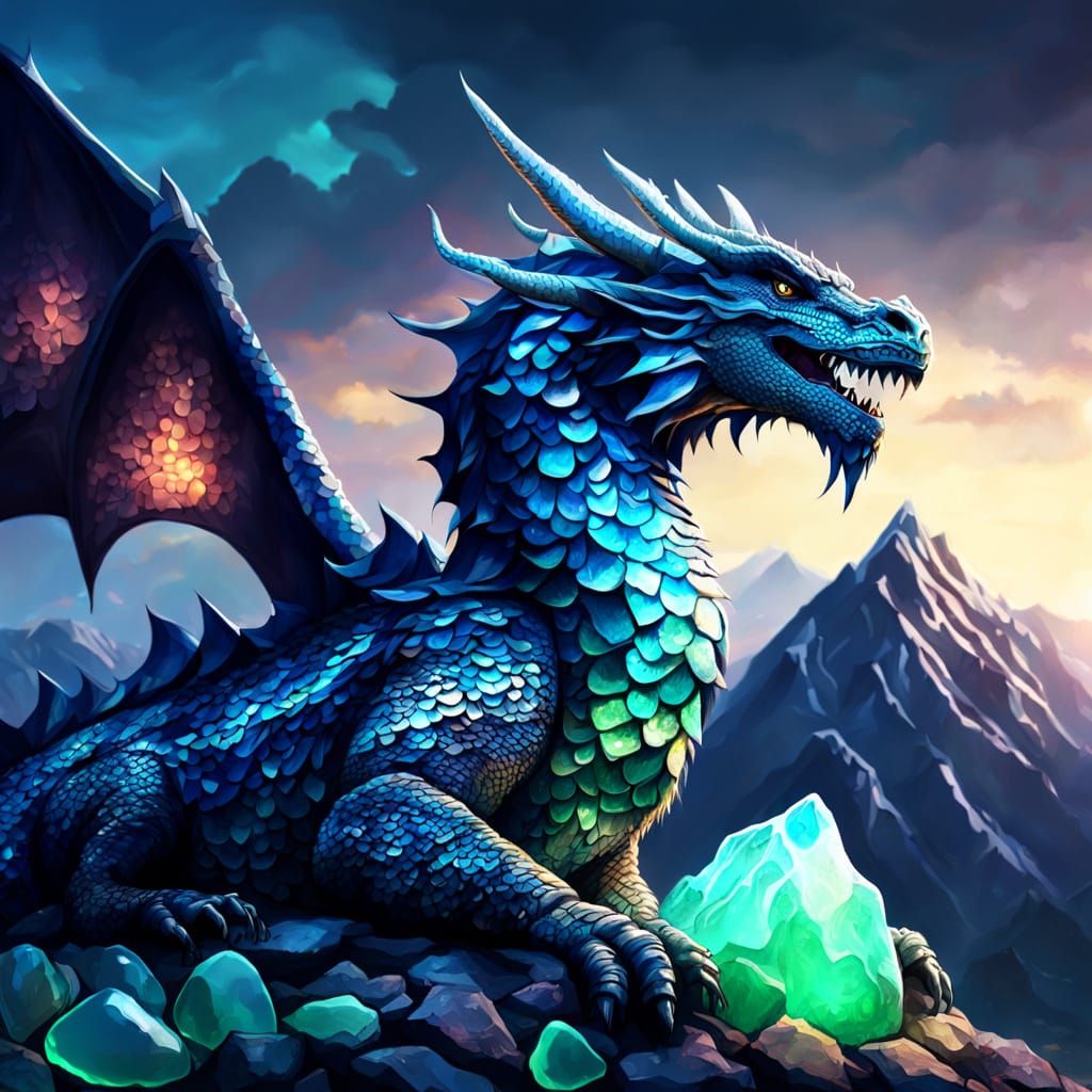 Sea Glass Dragon on Majestic Mountain Landscape