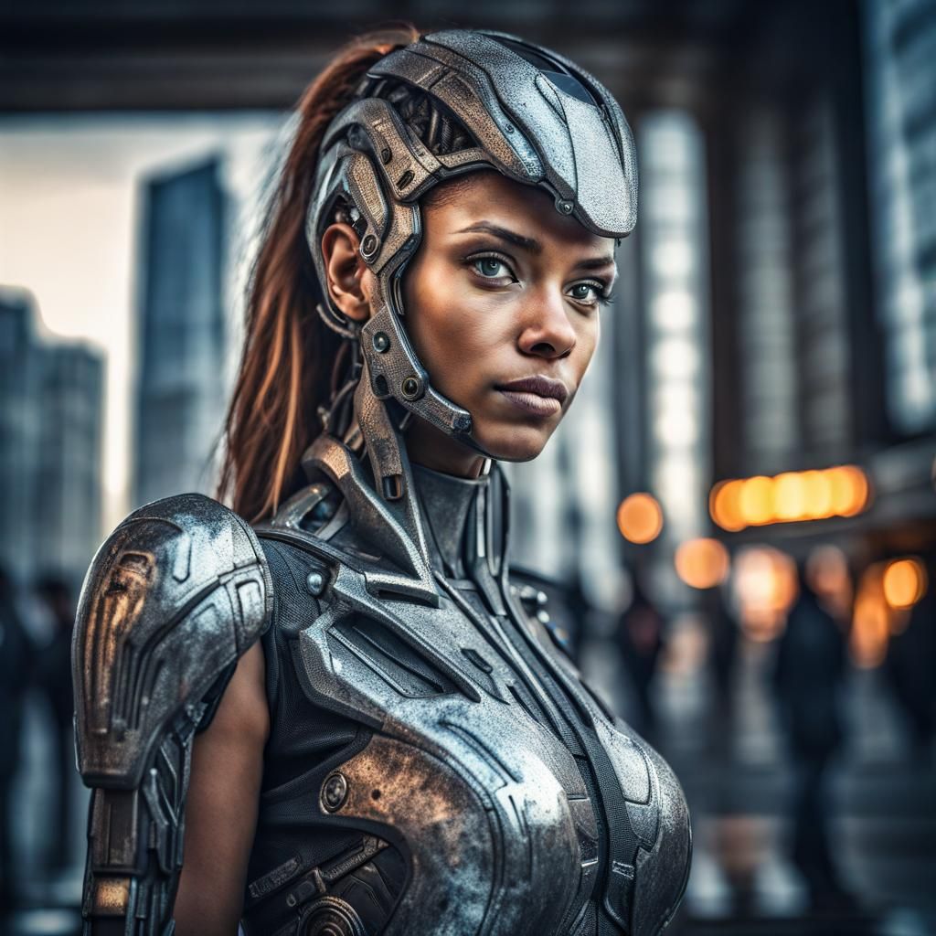 Portrait of the beautiful iron girl on the city of future