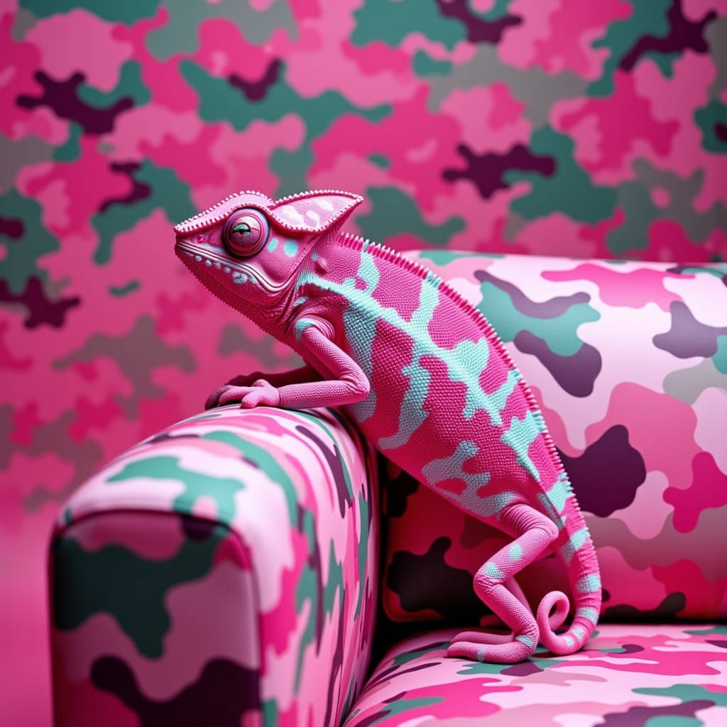 Spectacular image super zoomed in showcasing a ((pink camouflage CHAMELEON)), puzzled expression intrecate details, on the backrest of a (((...