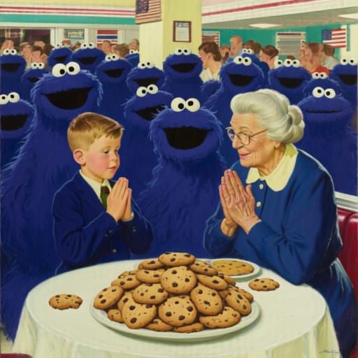 Saying Grace - Monsters in the style of Norman Rockwell