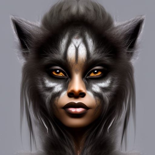 A beautiful black woman forced to transform into a cat humanoid, face ...