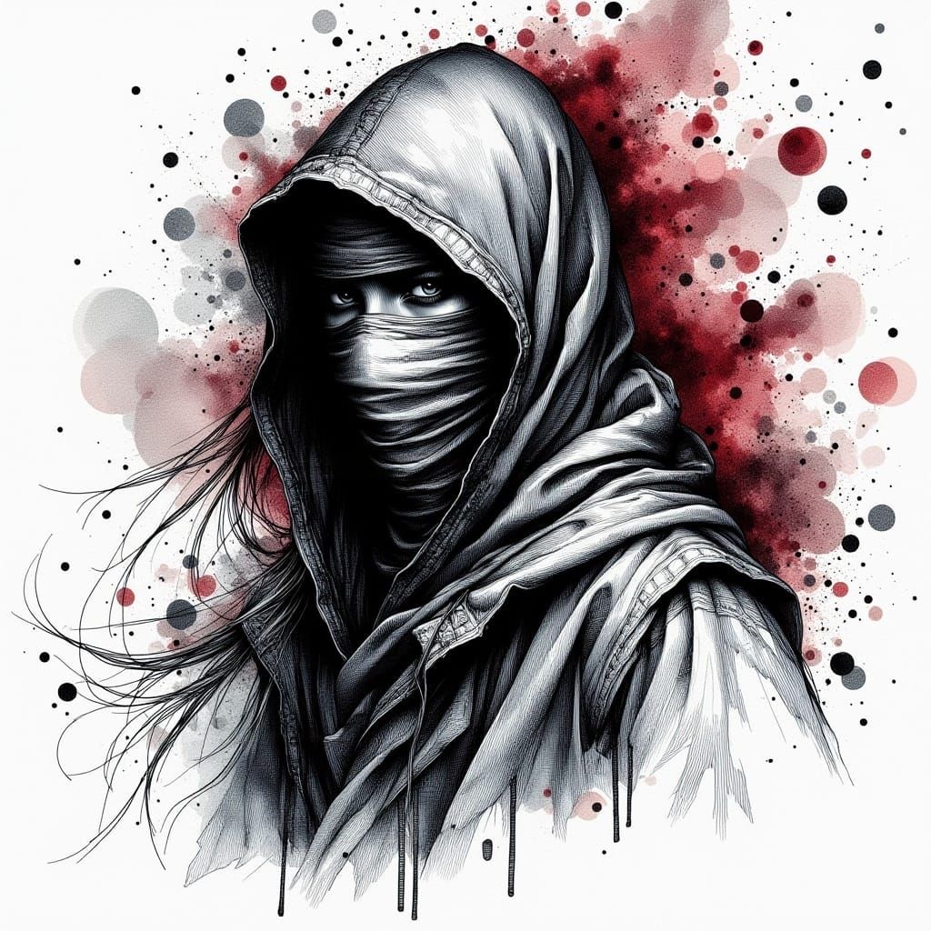 <lora:HRH-moody-inks:1.0>  hyper detailed, ink and watercolour, a moody, beautiful  ninja striking, high definition, 4k, outline in ink